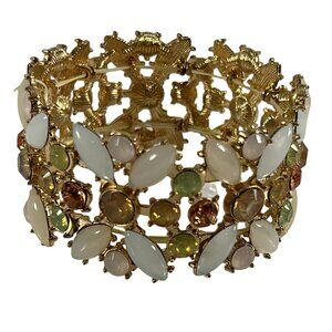 Beaded Rhinestones Chunky Bracelet Stretch White Fashion Sparkle Gold Tone